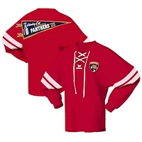 Unisex Fanatics Red Florida Panthers 2025 Stanley Cup Champions Lace-Up Long Sleeve Jersey T-Shirt