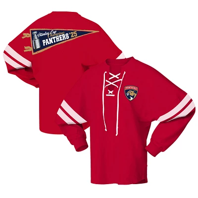 Unisex Fanatics Red Florida Panthers 2025 Stanley Cup Champions Lace-Up Long Sleeve Jersey T-Shirt