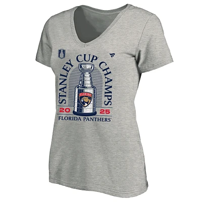 Women's Fanatics Heather Gray Florida Panthers 2025 Stanley Cup Champions Locker Room Plus V-Neck T-Shirt