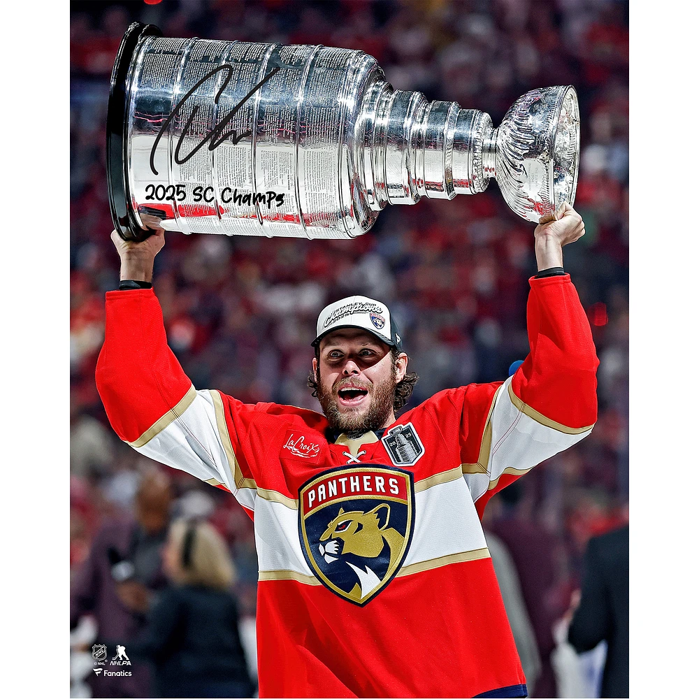 Carter Verhaeghe Florida Panthers Autographed 2025 Stanley Cup Champions 16" x 20" Raising Cup Photograph with "2025 SC Champs" Inscription
