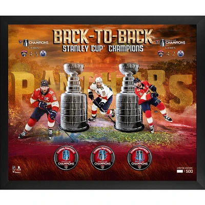 Aleksander Barkov, Sam Reinhart & Matthew Tkachuk Florida Panthers Autographed Back-To-Back Stanley Cup Champions Framed 3-Puck Shadowbox with Pucks - Limited Edition of 500