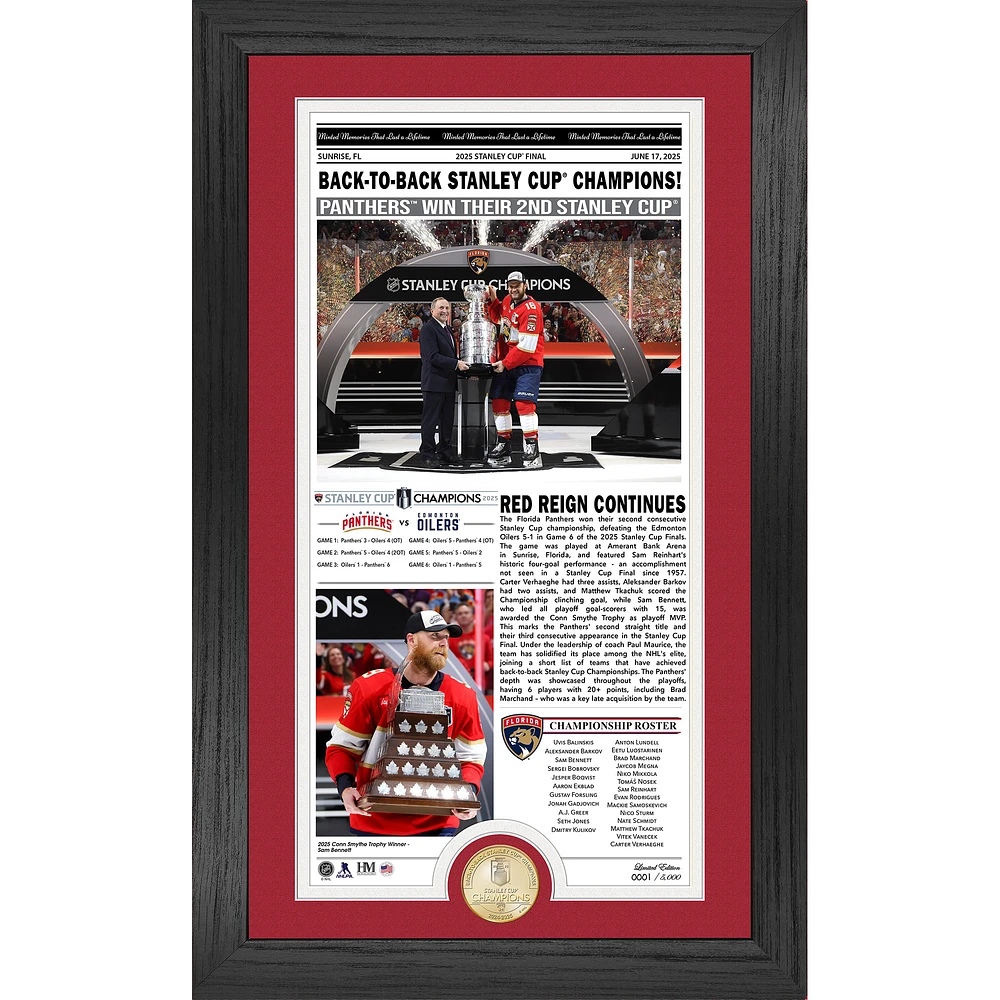 Highland Mint Florida Panthers 2025 Stanley Cup Champions 12" x 20" Front Page News Cover Bronze Coin Photo Mint