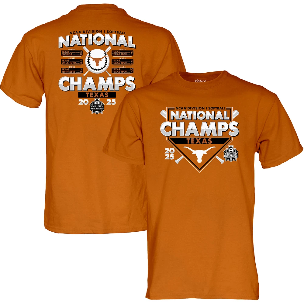 Unisex Blue 84 Texas Orange Longhorns 2025 NCAA Softball Women's College World Series Champions Schedule T-Shirt