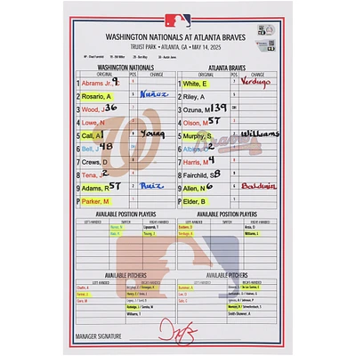 Washington Nationals Game-Used Lineup Card vs. Atlanta Braves on May 14, 2025