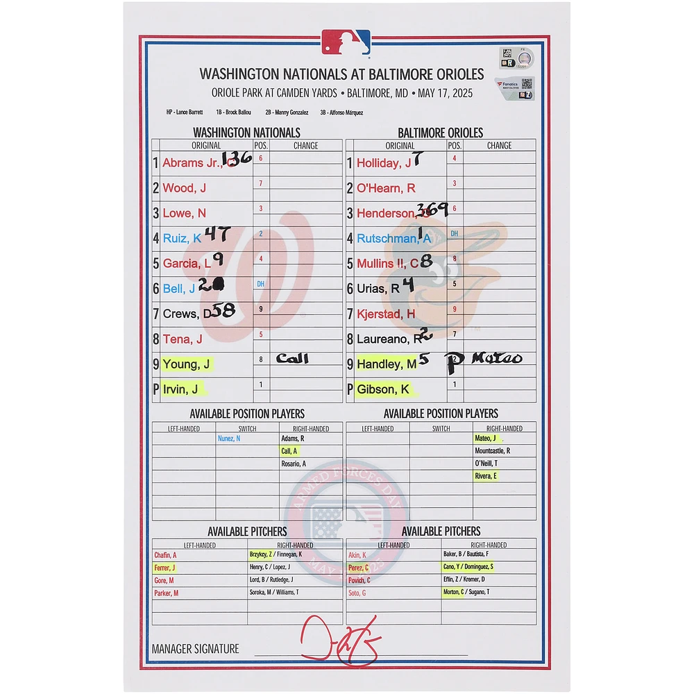 Washington Nationals Game-Used Lineup Card vs. Baltimore Orioles on May 17, 2025