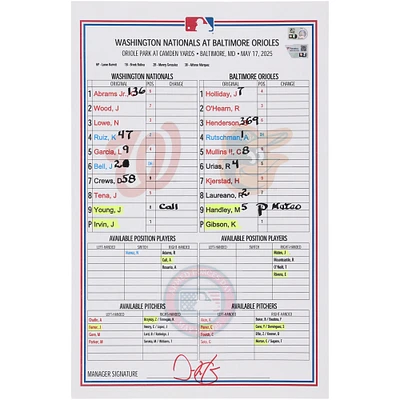 Washington Nationals Game-Used Lineup Card vs. Baltimore Orioles on May 17, 2025