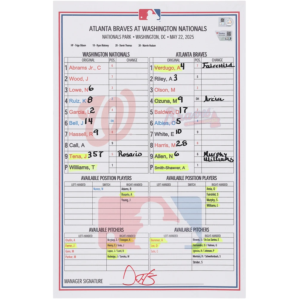 Washington Nationals Game-Used Lineup Card vs. Atlanta Braves on May 22, 2025