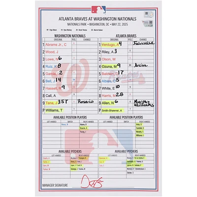 Washington Nationals Game-Used Lineup Card vs. Atlanta Braves on May 22, 2025