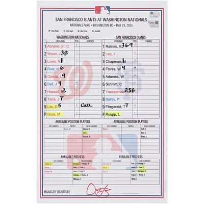 Washington Nationals Game-Used Lineup Card vs. San Francisco Giants on May 23, 2025