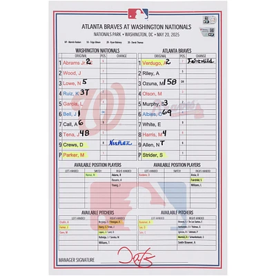 Washington Nationals Game-Used Lineup Card vs. Atlanta Braves on May 20, 2025