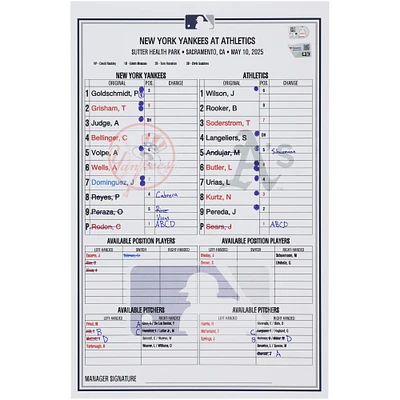 New York Yankees Game-Used Lineup Card vs. Athletics on May 10, 2025