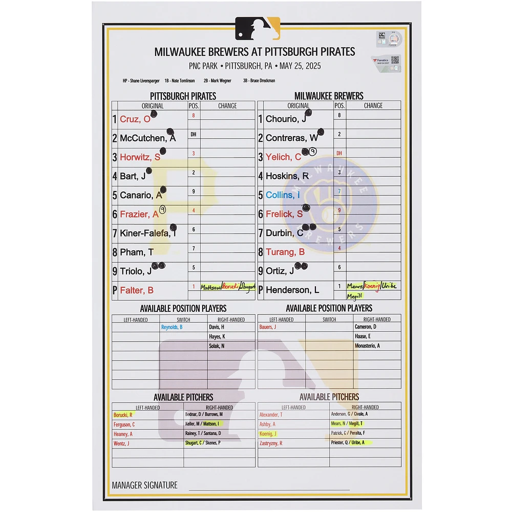 Pittsburgh Pirates Game-Used Lineup Card vs. Milwaukee Brewers on May 25, 2025