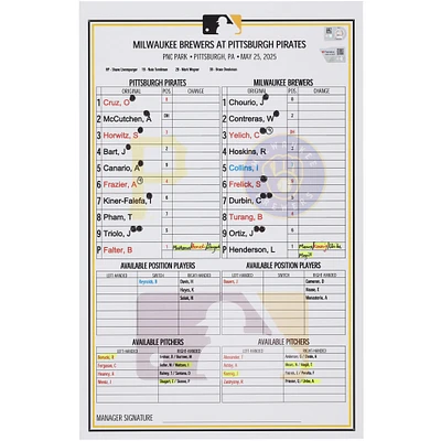 Pittsburgh Pirates Game-Used Lineup Card vs. Milwaukee Brewers on May 25, 2025
