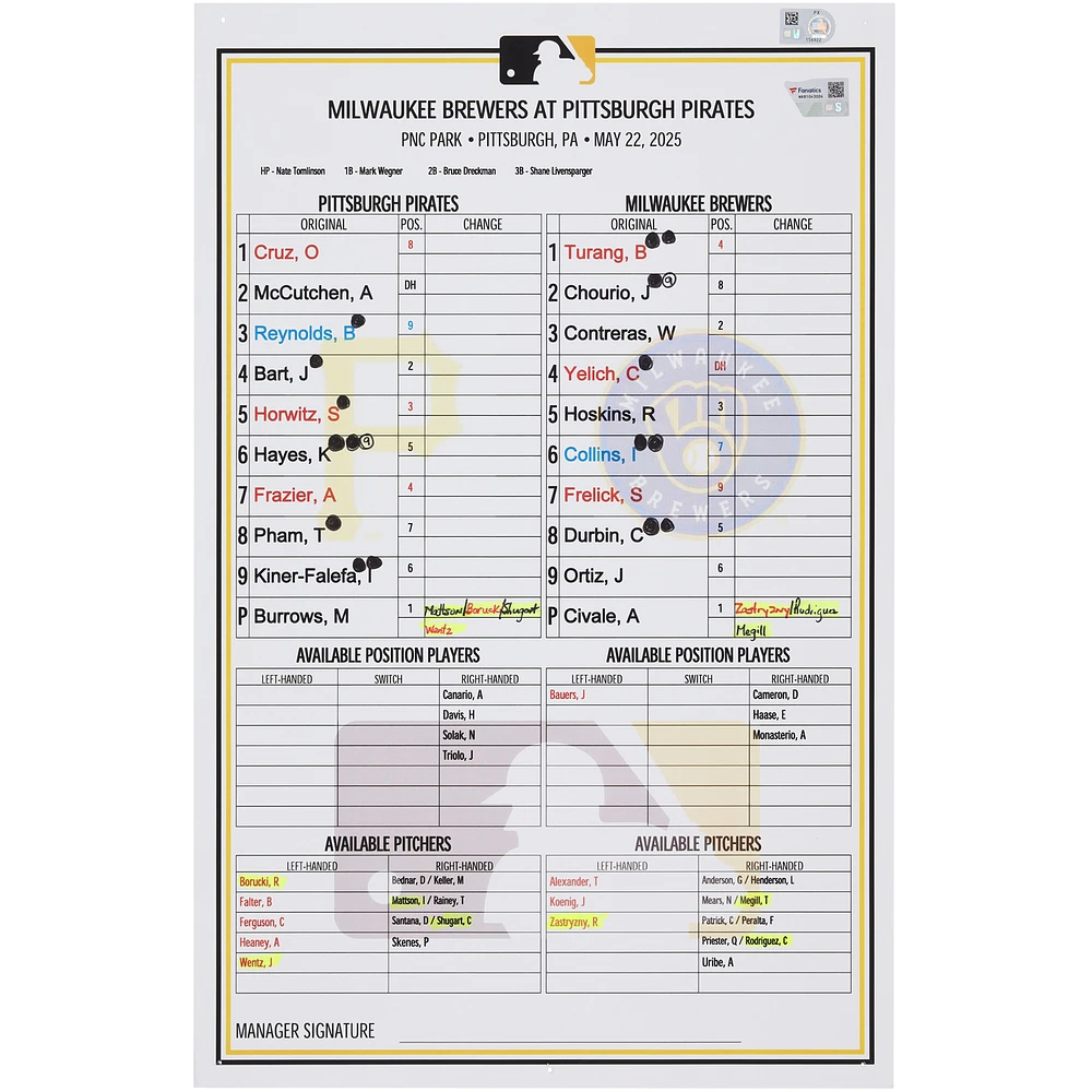 Pittsburgh Pirates Game-Used Lineup Card vs. Milwaukee Brewers on May 22, 2025