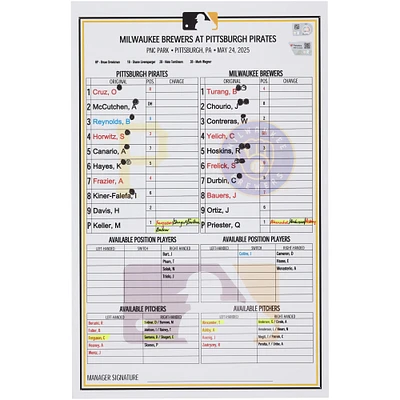 Pittsburgh Pirates Game-Used Lineup Card vs. Milwaukee Brewers on May 24, 2025