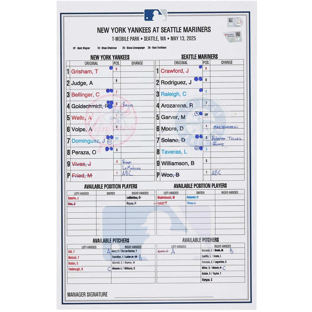 New York Yankees Game-Used Lineup Card vs. Seattle Mariners on May 13, 2025