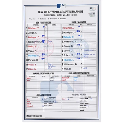 New York Yankees Game-Used Lineup Card vs. Seattle Mariners on May 13, 2025