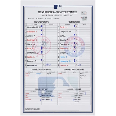 New York Yankees Game-Used Lineup Card vs. Texas Rangers on May 20, 2025