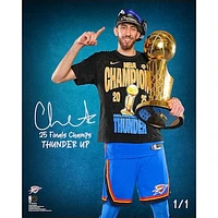 One of One: Chet Holmgren Oklahoma City Thunder Autographed 2025 NBA Finals Champions Trophy Photo with Multiple Inscriptions