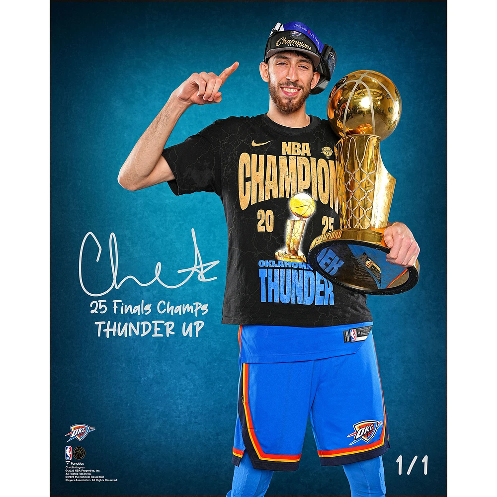 One of One: Chet Holmgren Oklahoma City Thunder Autographed 2025 NBA Finals Champions Trophy Photo with Multiple Inscriptions