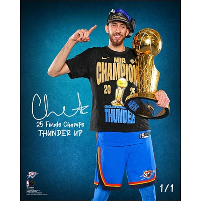 One of One: Chet Holmgren Oklahoma City Thunder Autographed 2025 NBA Finals Champions Trophy Photo with Multiple Inscriptions