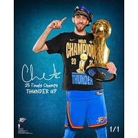 One of One: Chet Holmgren Oklahoma City Thunder Autographed 2025 NBA Finals Champions Trophy Photo with Multiple Inscriptions