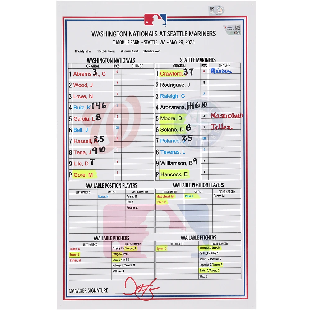 Washington Nationals Game-Used Lineup Card vs. Seattle Mariners on May 29, 2025