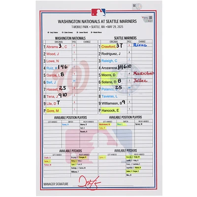 Washington Nationals Game-Used Lineup Card vs. Seattle Mariners on May 29, 2025
