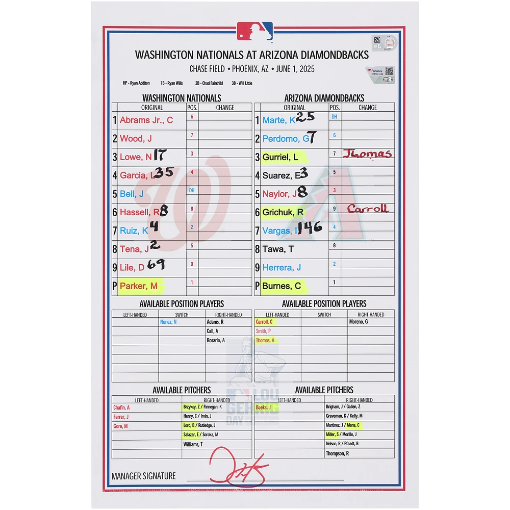 Washington Nationals Game-Used Lineup Card vs. Arizona Diamondbacks on June 1, 2025