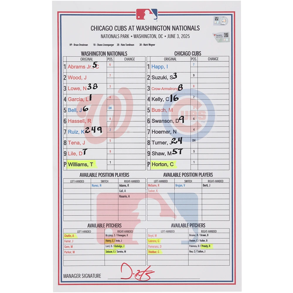 Washington Nationals Game-Used Lineup Card vs. Chicago Cubs on June 3, 2025