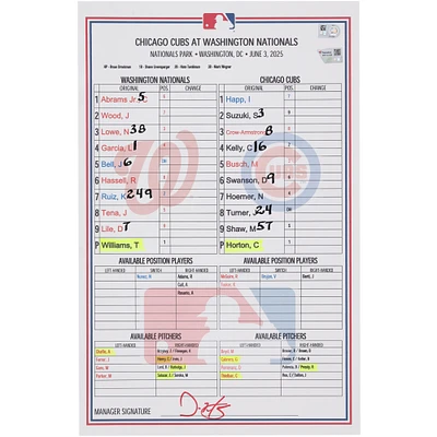 Washington Nationals Game-Used Lineup Card vs. Chicago Cubs on June 3, 2025