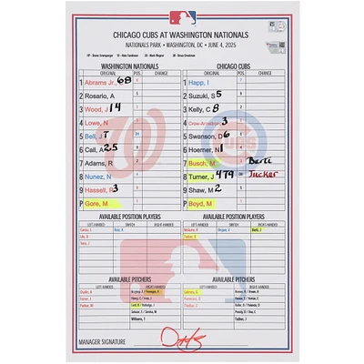 Washington Nationals Game-Used Lineup Card vs. Chicago Cubs on June 4, 2025