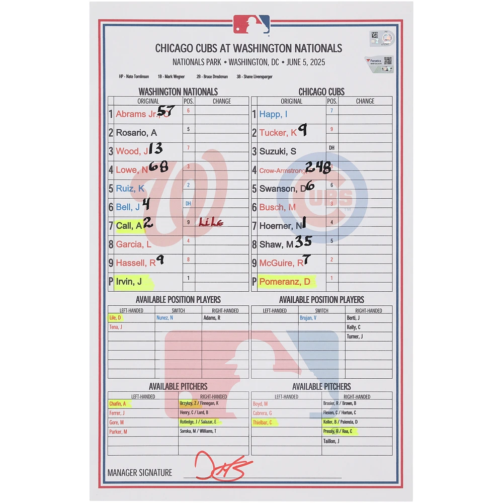 Washington Nationals Game-Used Lineup Card vs. Chicago Cubs on June 5, 2025