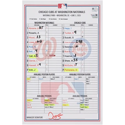 Washington Nationals Game-Used Lineup Card vs. Chicago Cubs on June 5, 2025