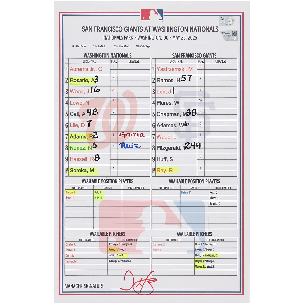 Washington Nationals Game-Used Lineup Card vs. San Francisco Giants on May 25, 2025