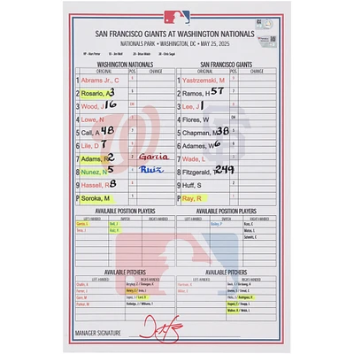 Washington Nationals Game-Used Lineup Card vs. San Francisco Giants on May 25, 2025