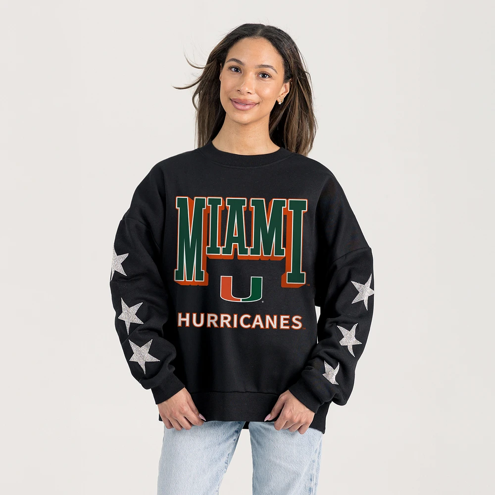 Women's Gameday Couture Black Miami Hurricanes Relaxed Rhinestud Star Pullover Sweatshirt