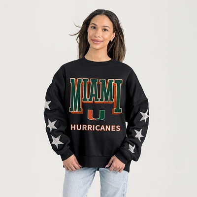 Women's Gameday Couture  Black Miami Hurricanes Relaxed Rhinestud Star Pullover Sweatshirt