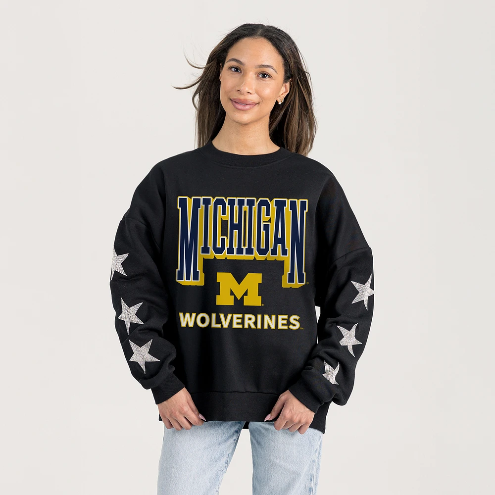 Women's Gameday Couture Black Michigan Wolverines Relaxed Rhinestud Star Pullover Sweatshirt