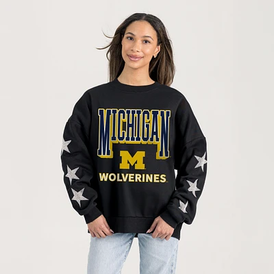 Women's Gameday Couture  Black Michigan Wolverines Relaxed Rhinestud Star Pullover Sweatshirt