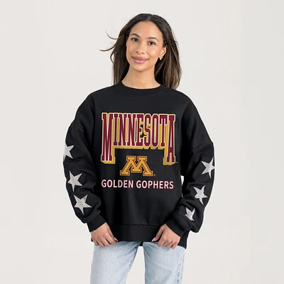 Women's Gameday Couture  Black Minnesota Golden Gophers Relaxed Rhinestud Star Pullover Sweatshirt
