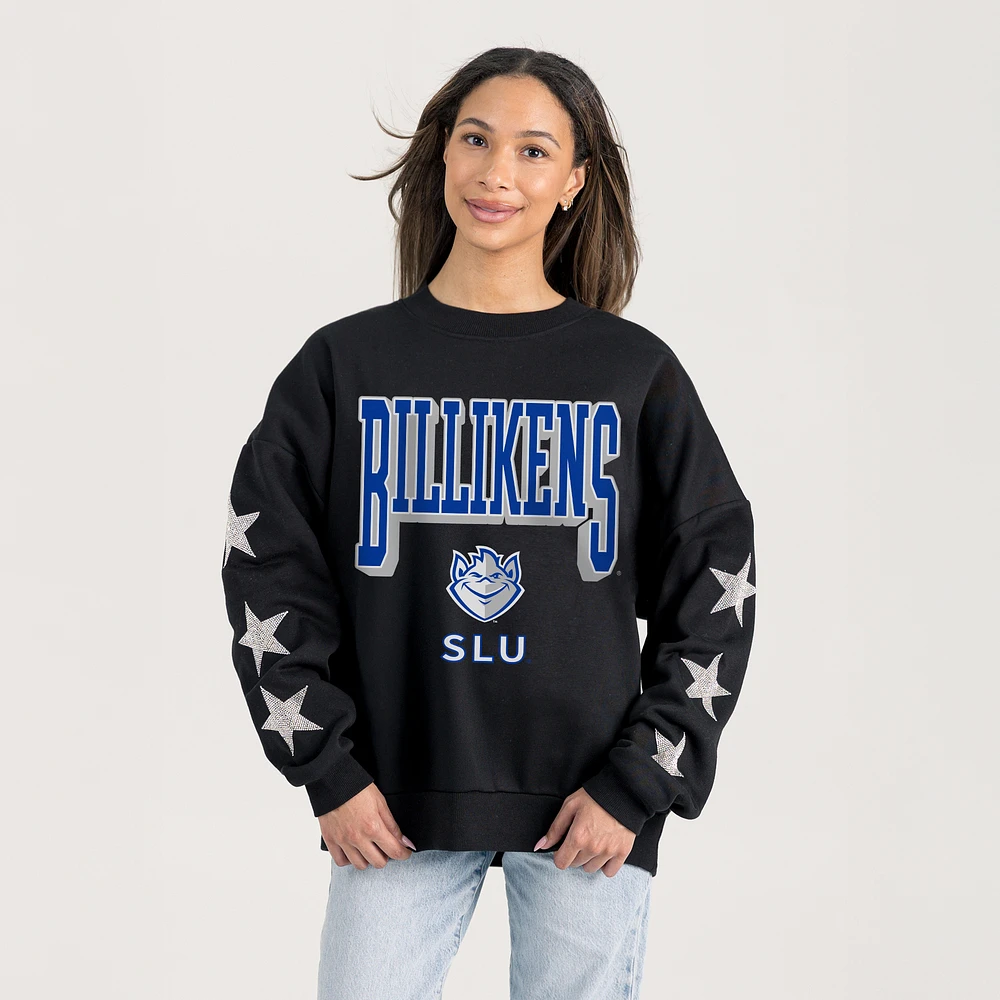 Women's Gameday Couture Black Saint Louis Billikens Relaxed Rhinestud Star Pullover Sweatshirt