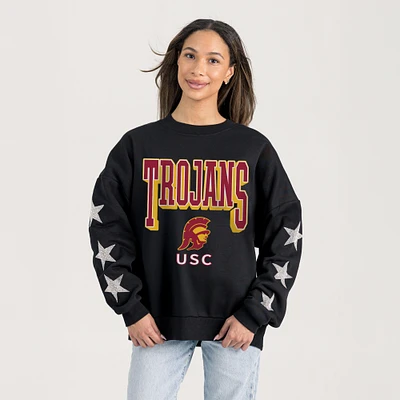 Women's Gameday Couture  Black USC Trojans Relaxed Rhinestud Star Pullover Sweatshirt