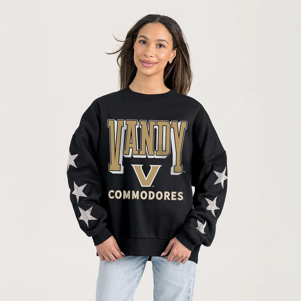 Women's Gameday Couture Black Vanderbilt Commodores Relaxed Rhinestud Star Pullover Sweatshirt