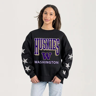 Women's Gameday Couture  Black Washington Huskies Relaxed Rhinestud Star Pullover Sweatshirt