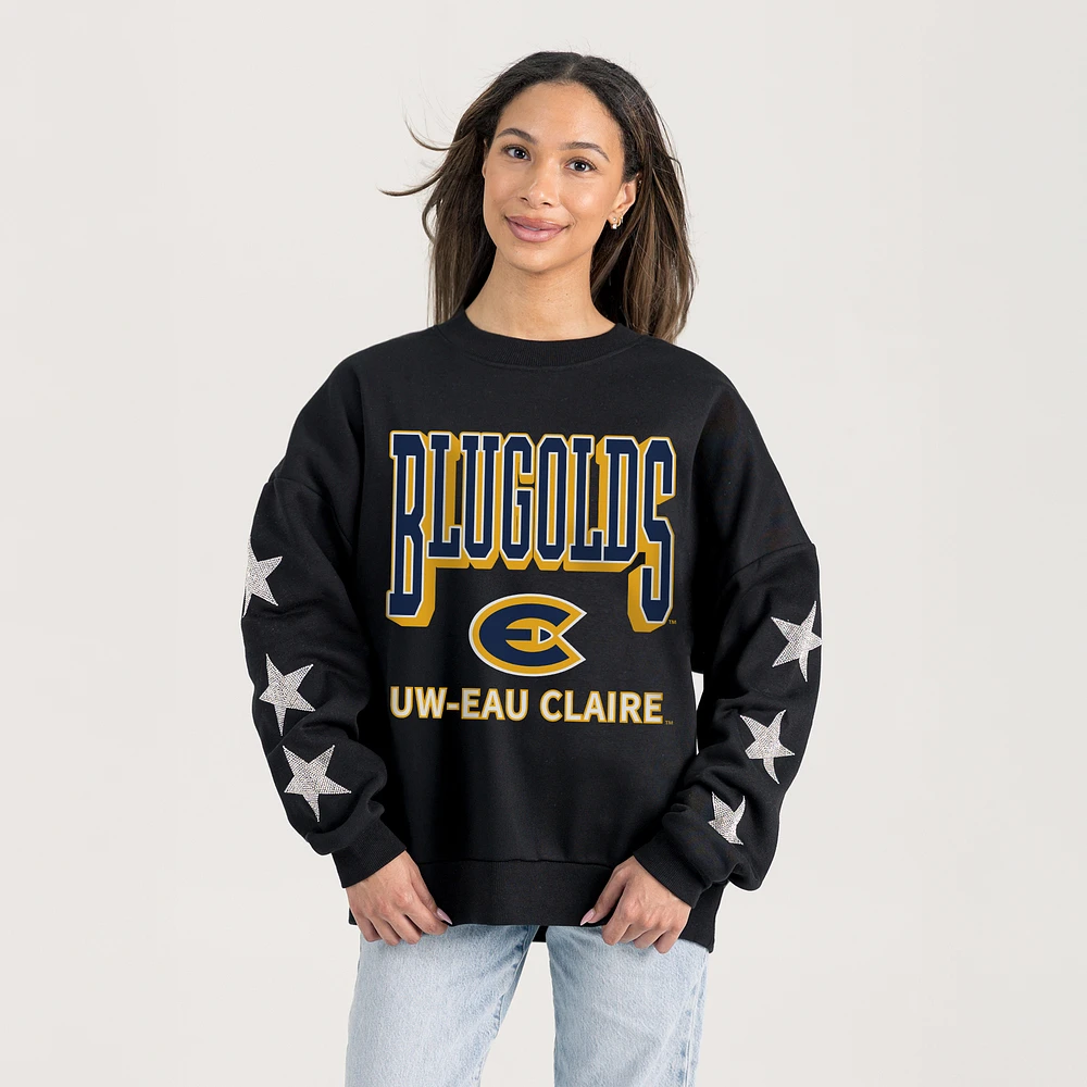 Women's Gameday Couture Black Wisconsin Eau Claire Blugolds Relaxed Rhinestud Star Pullover Sweatshirt