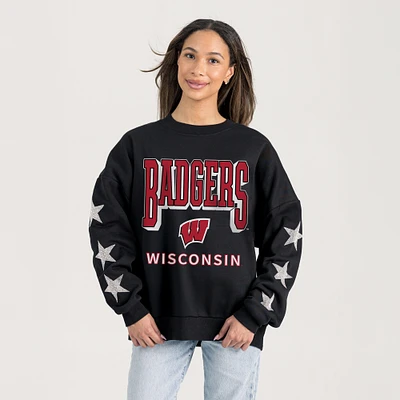 Women's Gameday Couture  Black Wisconsin Badgers Relaxed Rhinestud Star Pullover Sweatshirt