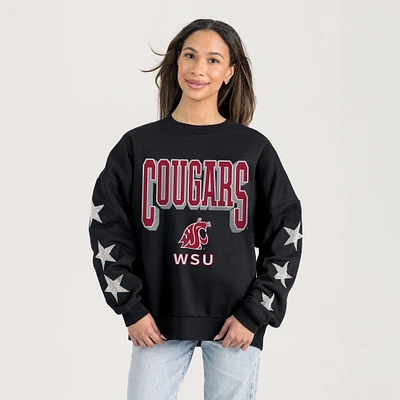 Women's Gameday Couture  Black Washington State Cougars Relaxed Rhinestud Star Pullover Sweatshirt
