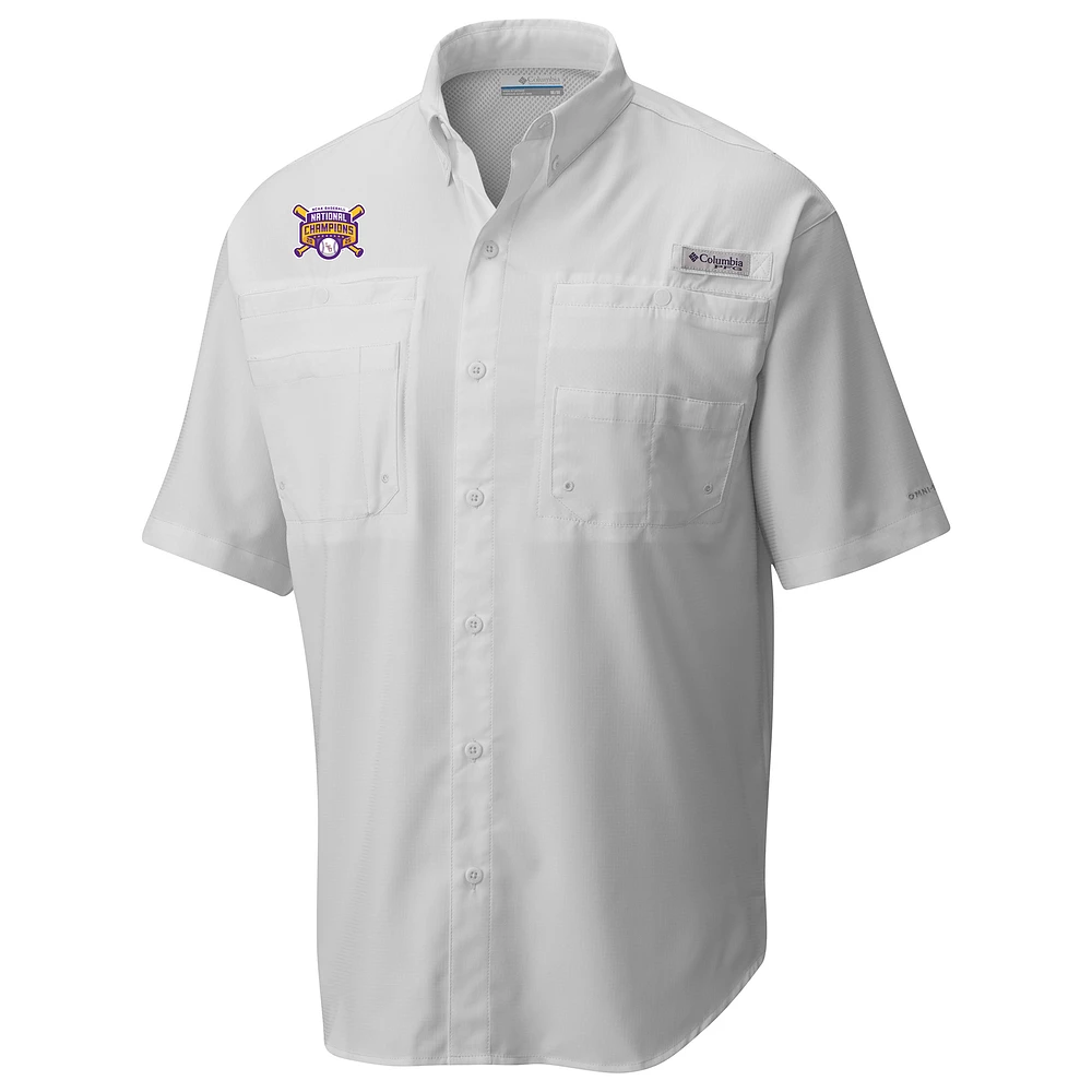 Men's Columbia White LSU Tigers 2025 NCAA Baseball College World Series Champions Tamiami Short Sleeve Omni-Wick Button-Down Shirt