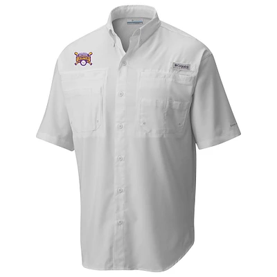 Men's Columbia White LSU Tigers 2025 NCAA Baseball College World Series Champions Tamiami Short Sleeve Omni-Wick Button-Down Shirt